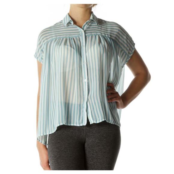 ELODIE Striped Short Sleeve Button-Front Shirt Blouse Sheer Blue White Size M/L - Picture 1 of 11